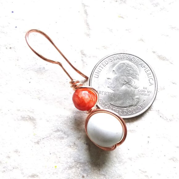 Uniquely Handmade Earrings: Lively Glowing Orange & Creamy White Stone w. Copper - Picture 10 of 11